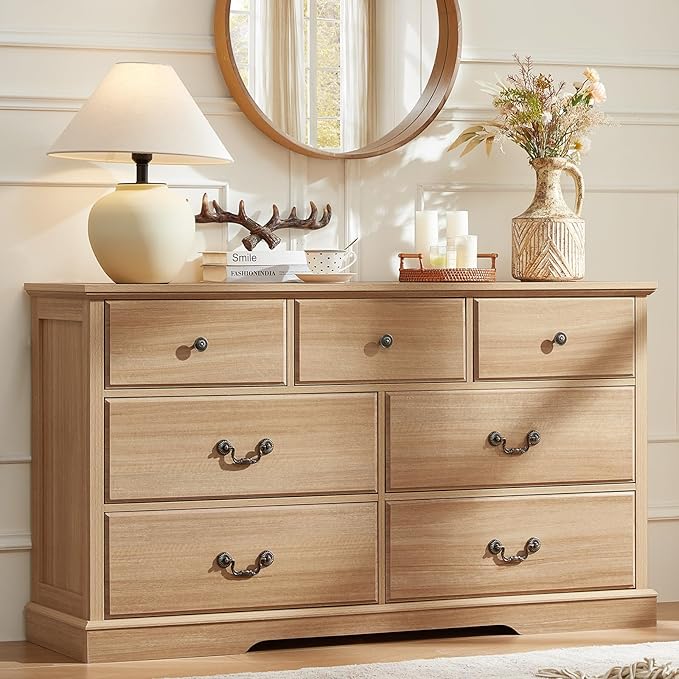 Bedroom Organisation Senfarime Farmhouse 7 Drawer Dresser for Bedroom,57" Wide Wood Rustic Chest of Drawers, Natural