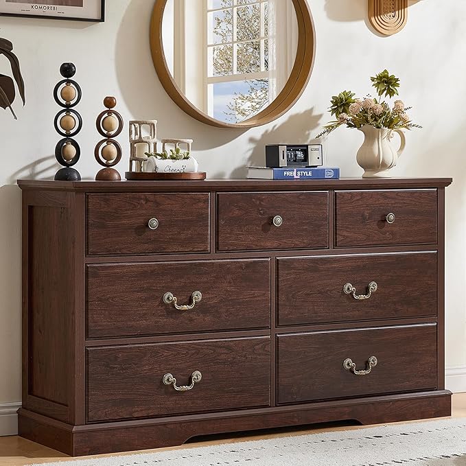 Bedroom Organisation Senfarime Farmhouse 7 Drawer Dresser for Bedroom,57" Wide Wood Rustic Chest of Drawers, Walnut