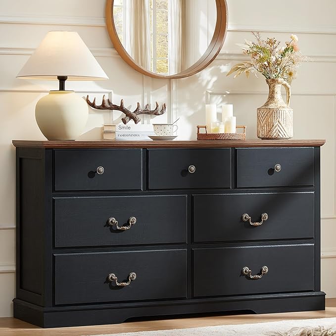 Bedroom Organisation Senfarime Farmhouse 7 Drawer Dresser for Bedroom,57" Wide Wood Rustic Chest of Drawers, Black