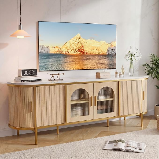 Living Room Furniture OneBlis 70" Fluted TV Stand, Modern Entertainment Center with Reeded Glass Door, Ajustable Shelves & Sliding Doors, TV Console with Large Storage Space, Media