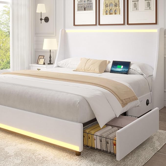 Bedroom Furniture VECELO VECELO Queen Size Bed Frame with Storage Drawers, Upholstered Platform Bedframe with Wingback Headboard, No Box Spring Needed, White