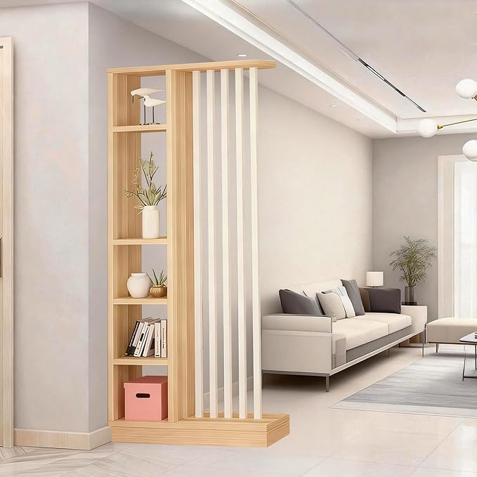 Kitchen Furniture ZLGONRL Floor to Ceiling Divider with Shelves Entrance Hall Partition Screen Column Wall Dividers with Storage Cabinet Wood Room Divider partitions (Light Walnut + White)