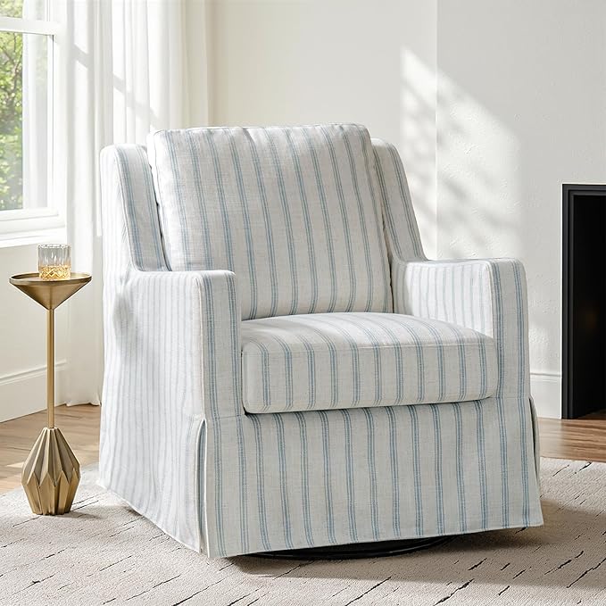 Kitchen Furniture HULALA HOME HULALA HOME Swivel Rocker Chair, Farmhouse Swivel Rocking Accent Chair with Washable Slipcover, Striped Fabric Barrel Armchair with Down Filled Cushio
