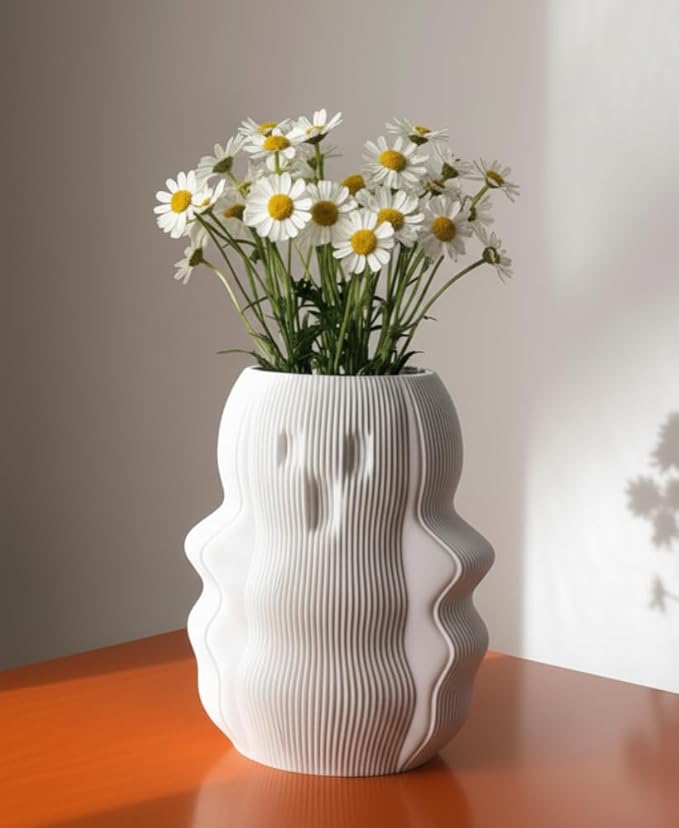 Living Room Decor Generic Modern Wavy Ribbed Vase – White Textured Sculptural Flower Vase/Plant Pot | 3D Printed PLA | Minimalist Nordic & Japandi Home Decor