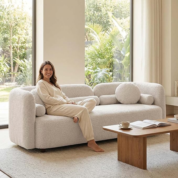 Living Room Decor DJJXfhome White Modern Curved Sofa Couch, 88.58 Inch Japandi Style Boucle 3 Seater with 2 Pillows and Cushions, Solid Wood Frame, Minimalist Living Room Apartment