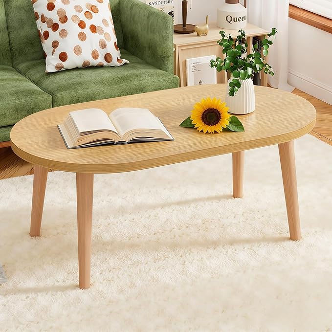 Living Room Furniture FAMIDGE Coffee Table Low Table with 4 Solid Wood Leg, Floor Table Desk for Sitting on The Floor, Small Oval Coffee Table for Small Space, Side Table Japanese