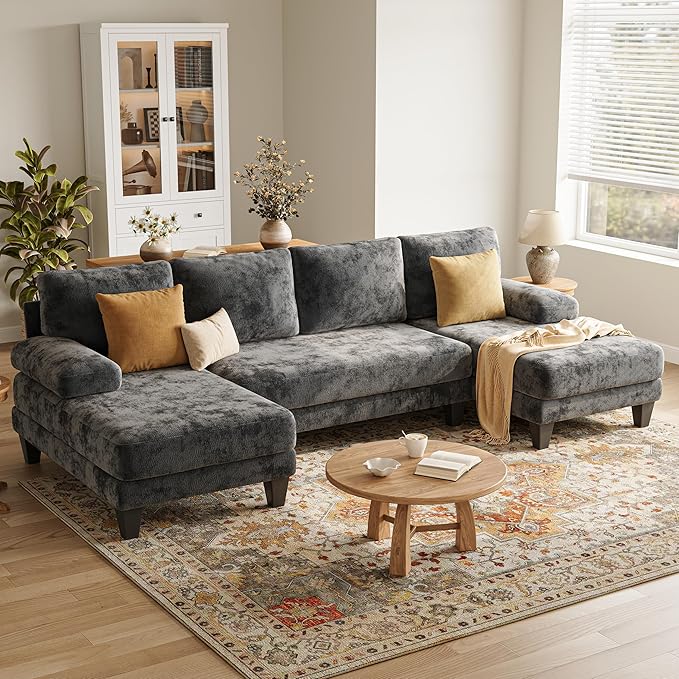 Living Room Furniture TROMIRY U-Shaped Sectional Couches for Living Room | 112 Inch Modern Sectional Couch | Dark Grey Chenille Sofa with Double Chaise for Apartment