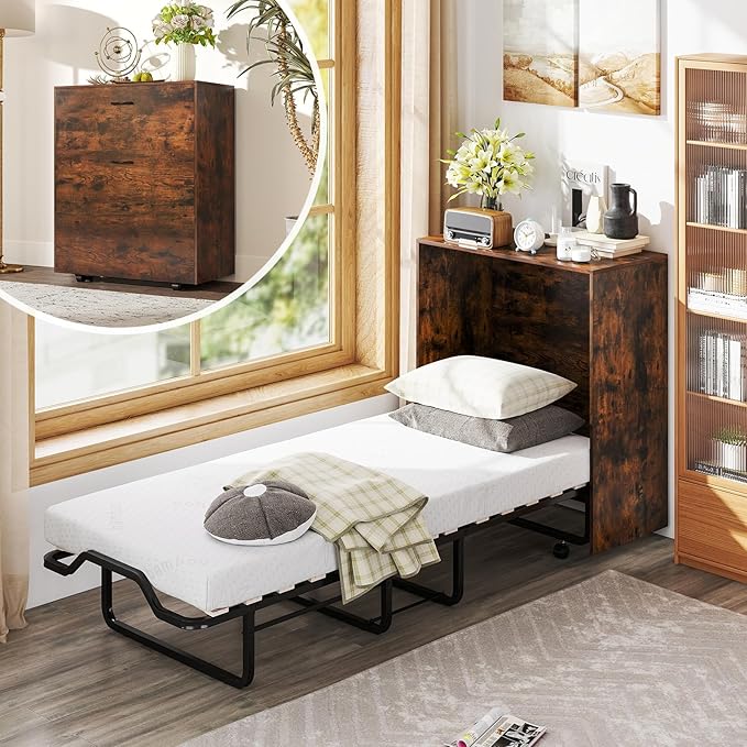 Kitchen Furniture Giantex Giantex Murphy Bed Cabinet with Mattress - 74" x 31" Cot Size Folding Bed w/Storage, Metal Frame & Lockable Rolling Wheels, Space-Saving Roll Away Beds wi