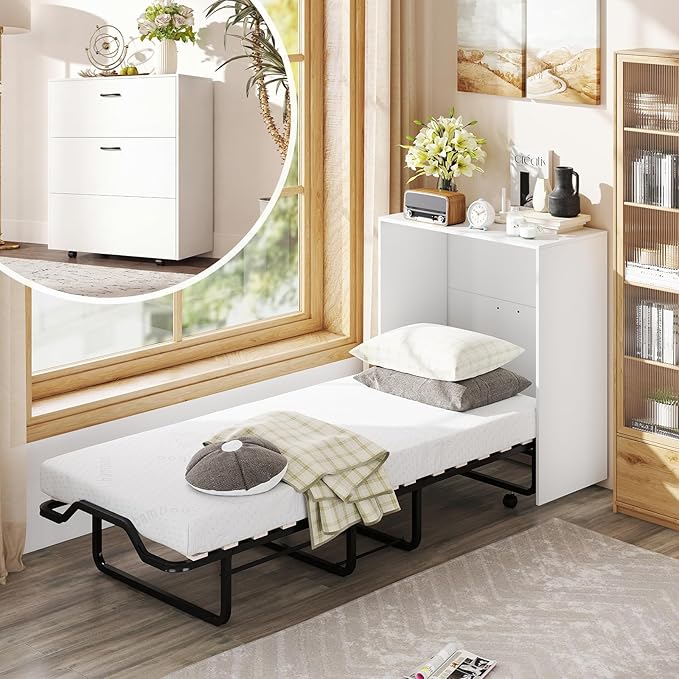 Kitchen Furniture Giantex Giantex Murphy Bed Cabinet with Mattress - 74" x 31" Cot Size Folding Bed w/Storage, Metal Frame & Lockable Rolling Wheels, Space-Saving Roll Away Beds wi