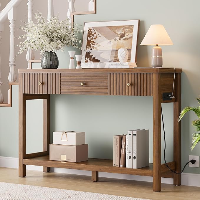 Living Room Furniture Decofy 47 Inch Fluted Console Table with Outlets and USB-C Port, Mid Century Modern Sofa Table with 3 Drawers and Open Shelf, Entryway Table with Charging Sta