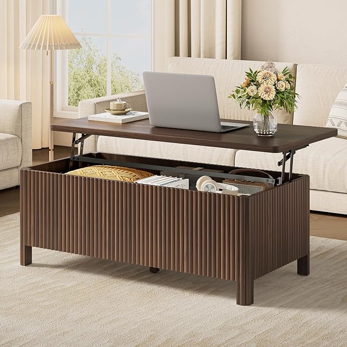 Living Room Furniture ONBRILL ONBRILL Fluted Lift Top Coffee Table with Storage, Mid Century Modern Coffee Table with Hidden Compartment, Rising Top Wood Center Table for Living Ro