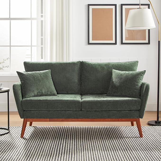 Living Room Furniture VINGLI VINGLI 63.5" W Comfortable Small Upholstery Love Seat Couch with Soild Wood Frame, 2 Seater Mid Century Linen Fabric Loveseat Sofa, Mini Couch with Two