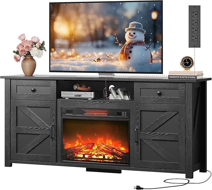 Living Room Furniture WLIVE WLIVE Electric Fireplace TV Stand for 65 75 inch TV, Modern Farmhouse Entertainment Center with Removable Fireplace & Built-in Outlet, Storage TV Consol