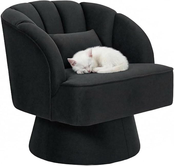 Living Room Furniture Amenitlif Modern 360° Swivel Barrel Accent Chair, Velvet Fabric Upholstered Round Lounge Armchair with Striped Backrest & Plush Padding for Living Room, Bedro