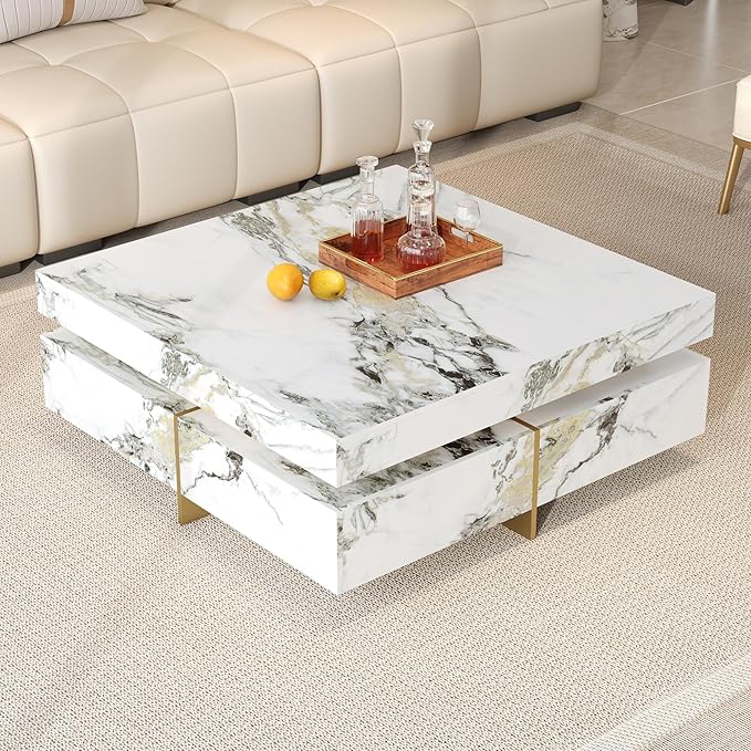 Living Room Furniture Merax Merax Coffee Table, Modern Square Coffee Table with Faux Marble Top and 4 Drawers, Contemporary Luxury Center Table Cocktail Table with Gold Accents for Living Room