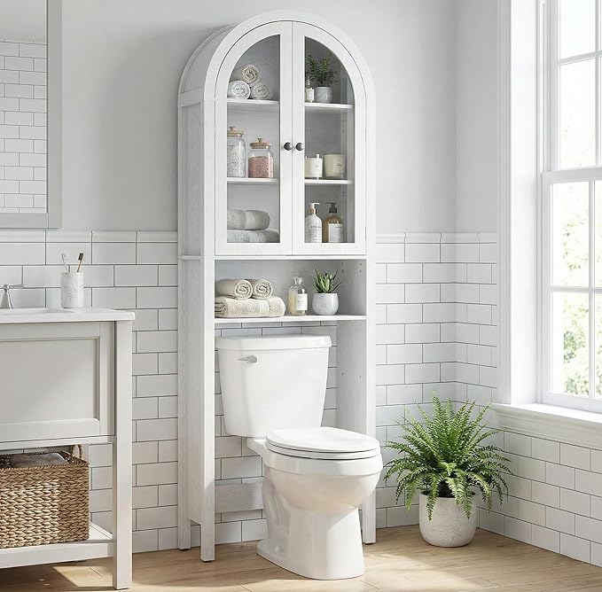 Bathroom Furniture Woemtoric White Over The Toilet Storage Cabinet with Acrylic Doors, 4 Tier Small Bathroom Shelf Organizer, Arched Bathroom Cabinet with Adjustable Shelf, Slim Na