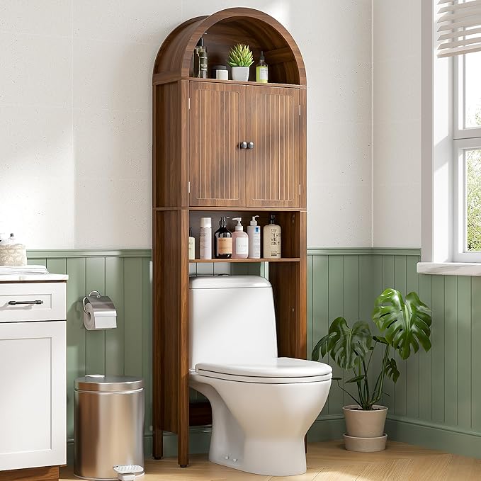 Bathroom Furniture Woemtoric Arched Over The Toilet Storage Cabinet with Fluted Doors, 4 Tier Small Bathroom Shelf Organizer, Mid Century Modern Bathroom Cabinet with Adjustable Sh