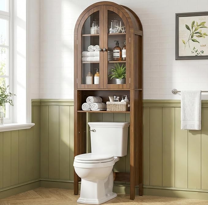 Bathroom Furniture Woemtoric Arched Over The Toilet Storage Cabinet with Acrylic Doors, 4 Tier Small Bathroom Shelf Organizer, Mid Century Modern Bathroom Cabinet with Adjustable S