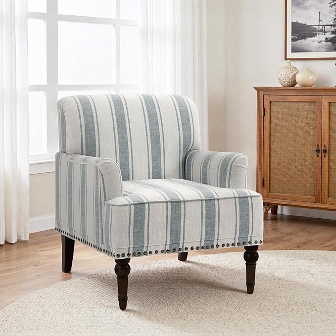 Kitchen Furniture Blissabod Accent Chair, Stripe Armchair for Small Space, Comfy Upholstered Club Arm Chair in Fabric Single Reading Chair for Living Room, Bedroom, Office(Blue Str