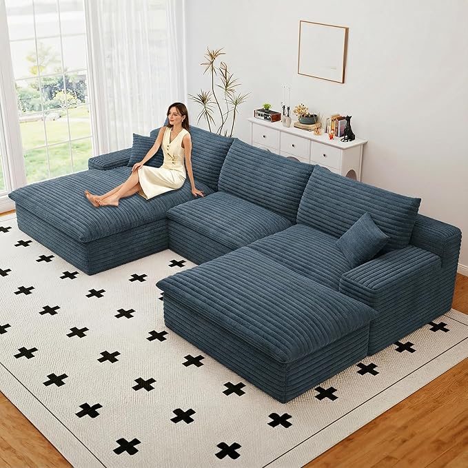 Kitchen Furniture atosela 107" Cloud Couch Modular Sectional Sofa for Living Room, U-Shape Boneless Couch with Deep Seat, Modern Corduroy 3-Seater with Ottoman, No Assembly Require