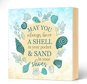 Living Room Decor JQYCJTR May You Always Have a Shell in Your Pocket and Sand in Your Shoes Wood Block Plaque Box Sign for Home Living Room Coffee House Bar Shelf Table Decoration,