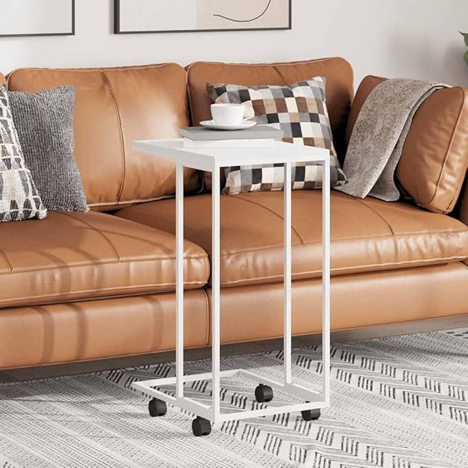Living Room Furniture ZQQLVOO White C-Shaped Side Table with Wheels 15.7"x11.8"x25" Engineered Wood, Mobile Sofa Table with Iron Frame for Living Room Bedroom, Modern End with Smoo