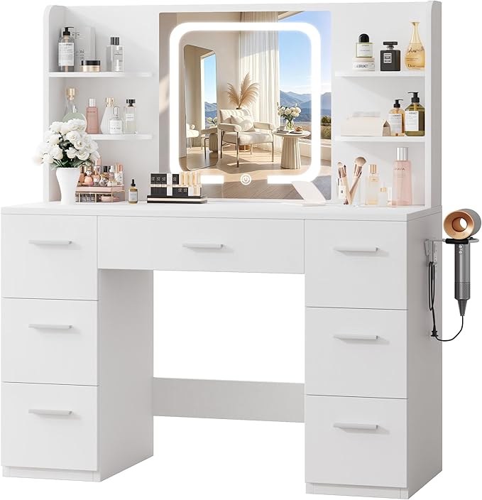 Bedroom Furniture LIVELYGLOW White Large Makeup Vanity Desk with Smart LED Mirror & Power Station, 43" Professional Dressing Table with 7 Drawers, 4 Open Shelves & Hairdryer Holder