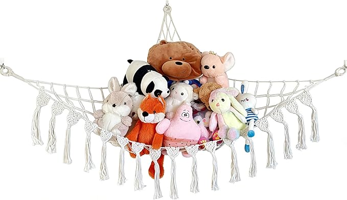 Bedroom Storage Generic Stuffed Animal Hammock Plushie Net Toy Hanging Organizer with Macrame Tassels Large Storage Mesh Corner Net for Playroom Bedroom