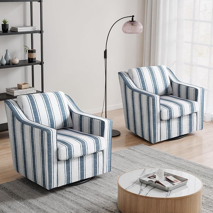 Kitchen Furniture UIXE UIXE Striped Swivel Accent Chairs Set of 2, Fabric Upholstered Armchair for Living Room, Comfy Single Sofa Bedroom Reading Seat with Lumbar Pillow - Navy Blu