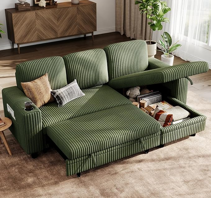 Living Room Furniture LINSY HOME LINSY HOME Sectional Sleeper Sofa Pull Out Couches for Living Room (Green, Sleeper Sofa 1) | Pull Out Sofa Bed, Storage, USB Charging, Cup Holders,