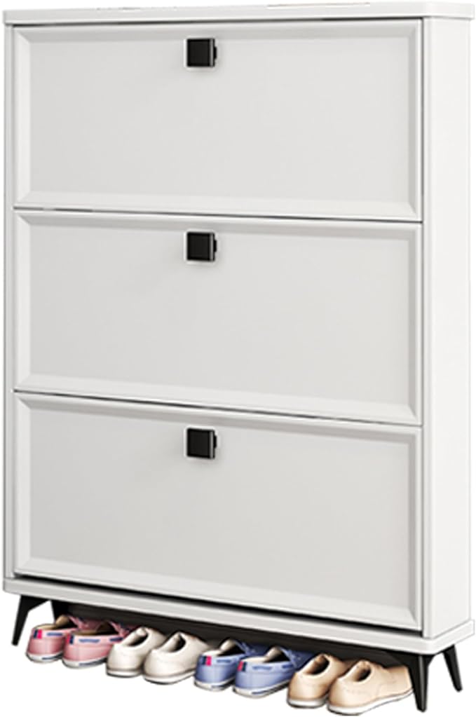 Kitchen Furniture Generic Slim Shoe Storage Cabinet, Hidden Organizer for Entryway, Freestanding Closed Rack, Narrow Wood Design, Tipping Bucket Style, Available in White/Green/Gre