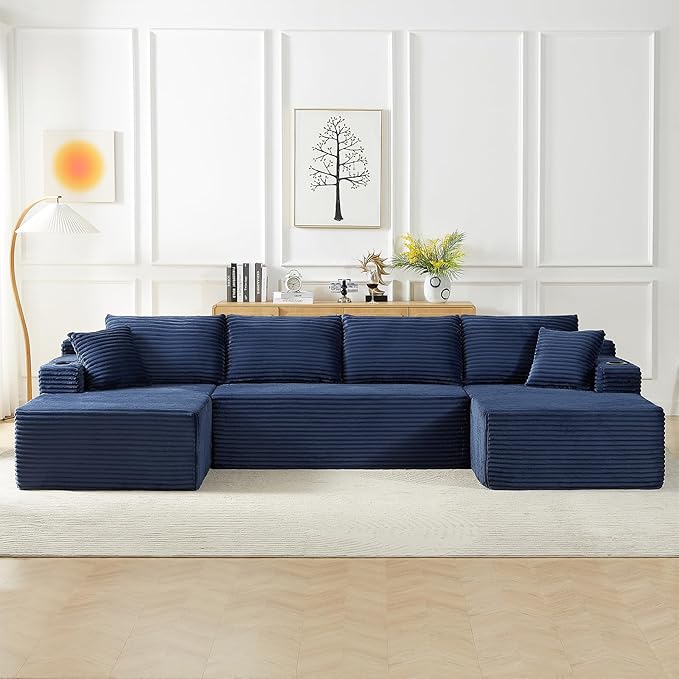Kitchen Furniture GUANGHONG 134" U-Shaped Sectional Couch, Oversized Modular Corduroy Sofa with Side Pockets & Cup Holders, 4-Seater Modern Deep Seat Boneless Cloud Couch for Livin