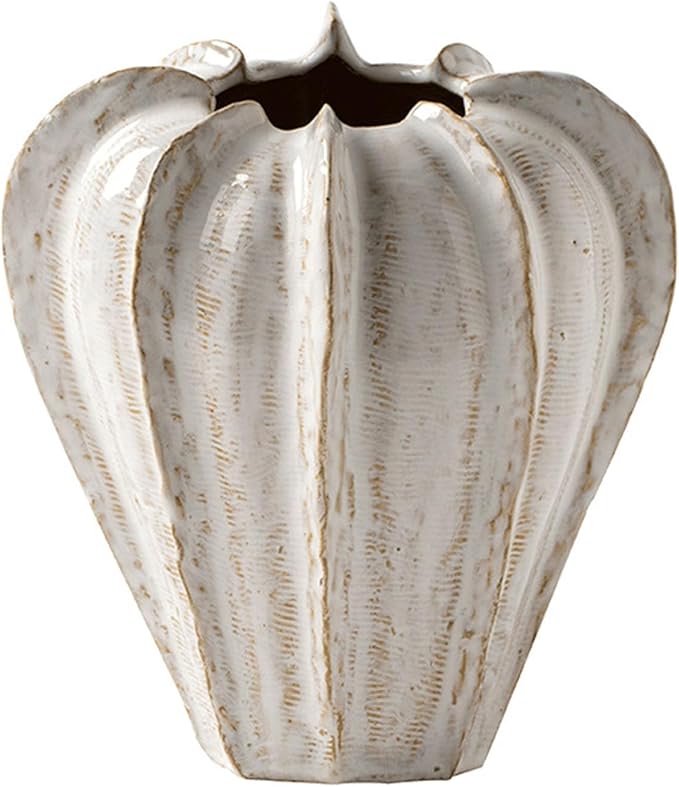 Living Room Decor KuaKe Wabi Sabi Ceramic Vase, Handcrafted Leaf Texture Vase with White to Brown Ombre Glaze, Table Decor for Modern, Scandinavian, Japandi & Zen Interiors