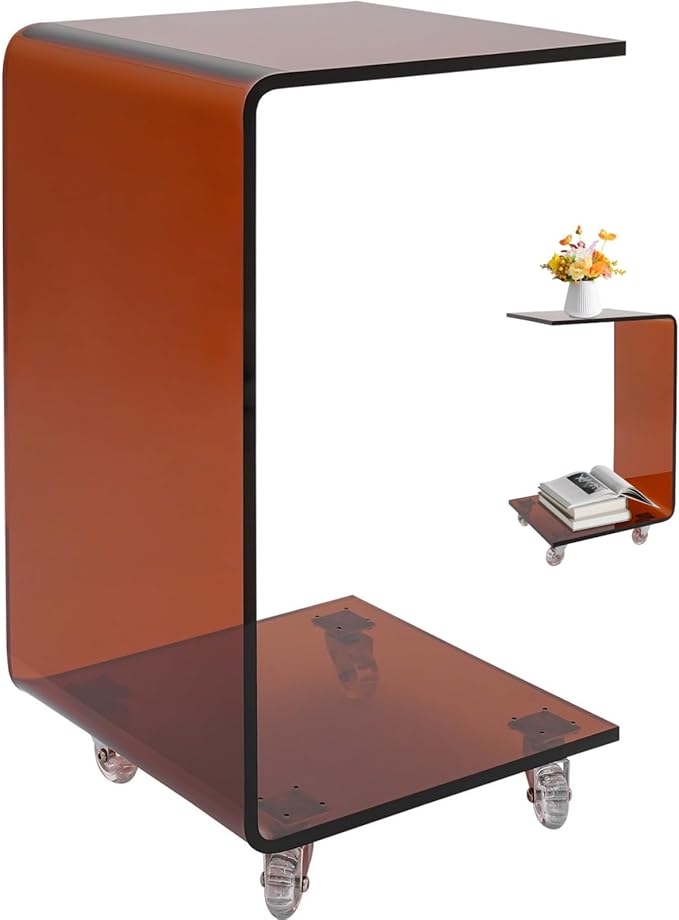 Living Room Furniture TTeralmon Mobile Acrylic C-Shaped Side Table Modern Acrylic C Table with Wheels Sofa Table Nightstand for Living Room, Bedroom, Office (Brown)