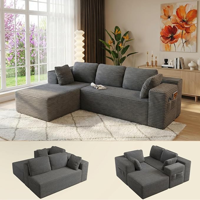 Living Room Furniture Gizoon 105" L Shaped Boneless Couch for Living Room, Memory Foam Cloud Couch Sectional with Chaise, Oversized Deep Seat Floor Sofa, Modular Corduroy Co