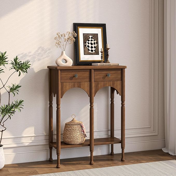 Living Room Furniture Topbele Console Table with 2 Drawers & Shelf, 28" Mid-Century Modern Entryway Table, Retro 2-Tier Sofa Table, Wooden Accent Table for Living Room, Hallway, Br