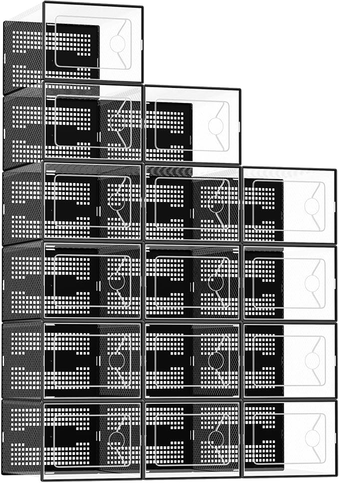 Bathroom Storage DUMOS DUMOS Clear Shoe Storage Boxes, 15-Pack Plastic Stackable Shoe Containers with Lids, Display Sneaker Case Organizer for Closet, Under Bed, Entryway,Black (Fi