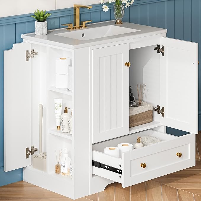Kitchen Furniture IRONCK IRONCK 30" Bathroom Vanity with Ceramic Sink, Bathroom Storage Cabinet with Doors & Drawers & DIY Side Storage, Pedestal Sink Combo Set, White