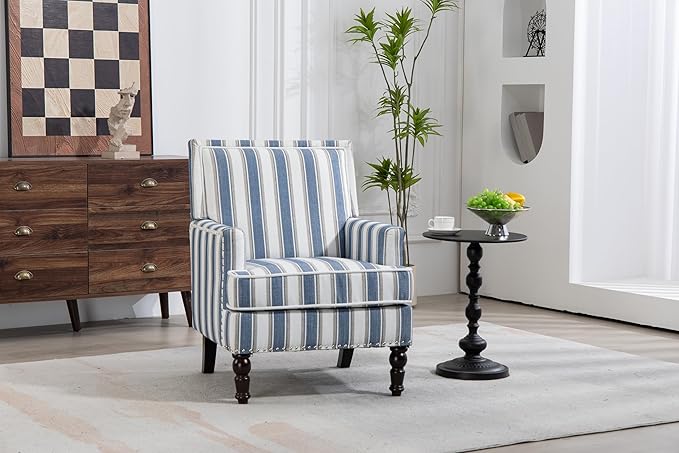 Kitchen Furniture Generic Upholstered Accent Chair, Vintage Armchair with Blue and White Striped Linen Fabric and Nailhead Trim for Living Room, Mid-Century Chairs Living Room Insp