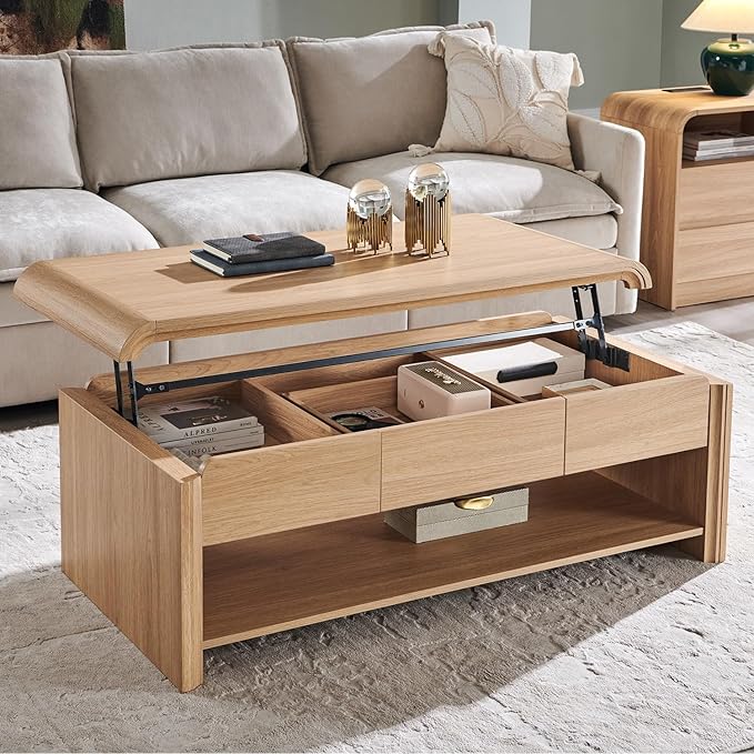 Living Room Furniture Aitjunz 47" Lift Top Coffee Table with Storage, Modern Coffee Table with Pull-Out Drawer and Two-Tier Storage, Rectangle Wood Center Table w/Curved Profile De