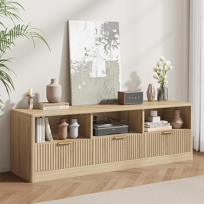 Living Room Furniture IRONCK IRONCK 59" Fluted TV Stand, Modern Entertainment Center for TVs Up to 65", Media Console with Drawers and Open Shelf, TV Stands for Living Room & Bedro