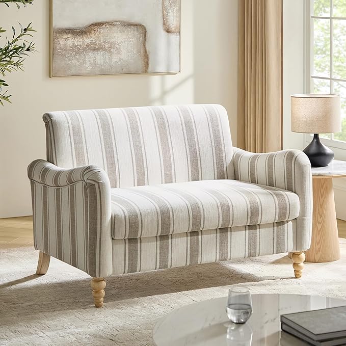Living Room Furniture EcoHarbor Living EcoHarbor Living 50.5" Mid-Century Modern Couch, Upholstered Sofa with Armrests, Stripe Mini Loveseat Couches for Small Space, Living Room, B