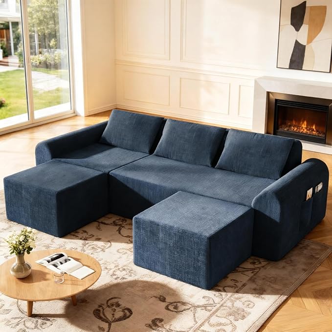 Kitchen Furniture Decofy Decofy Cloud Modular Sectional Sofa, No Assembly Deep Seat Chenille Couch with 2 Ottomans, 3-Seater Modular Sofa for Living Room, Blue