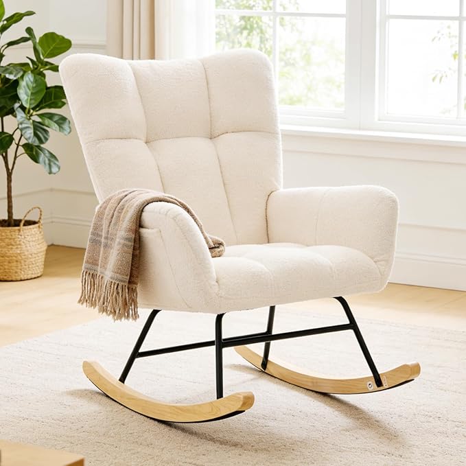 Bedroom Furniture DUMOS DUMOS Nursery Rocking Chair Teddy Upholstered, Comfy Glider Rocker with High Backrest Armchair Padded Seat, Accent Side Chair for Living Room Bedroom Office