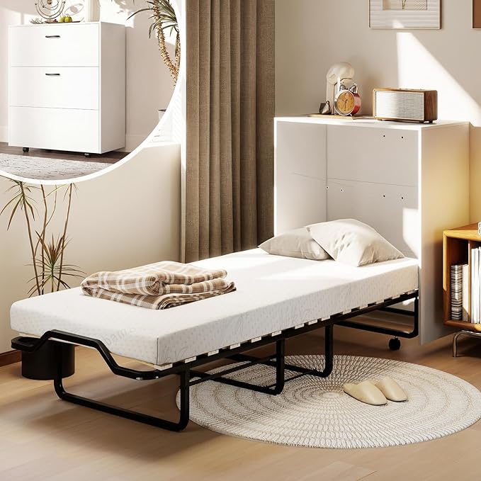 Kitchen Furniture IFANNY Murphy Bed with Mattress Included, Single Cot Size 75" x 31" Folding Rollaway Bed Cabinet w/Storage & Metal Frame, Space-Saving Wall Console Beds on Wheels