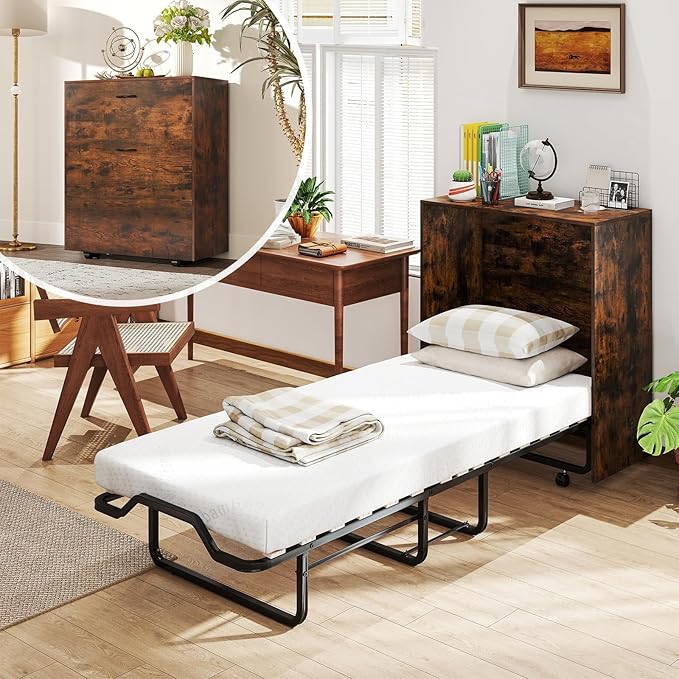 Kitchen Furniture IFANNY Murphy Bed with Mattress Included, Single Cot Size 75" x 31" Folding Rollaway Bed Cabinet w/Storage & Metal Frame, Space-Saving Wall Console Beds on Wheels