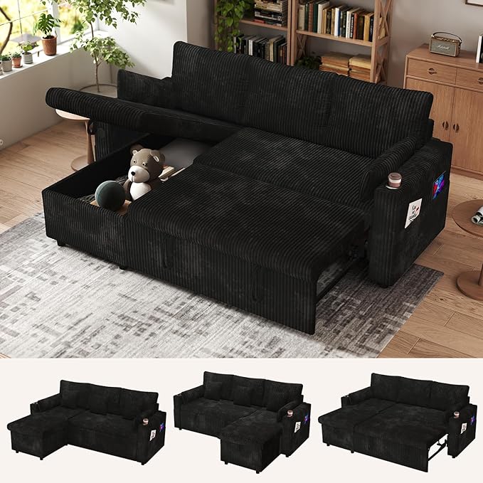 Living Room Furniture ISHUHL 3 In 1 Sofa Bed with Reversible Storage Chaise, L Shaped Couch with Pull Out Bed with Charging Station, Corduroy Pull Out Couch Bed with Cup Holder, Sl