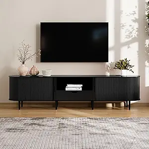 Living Room Furniture DHH DHH 86.6" Fluted TV Stand with Power Outlet for TVs up to 90", TV Console with Adjustable Shelves and Sliding Door,Mid Century Modern Entertainment Center