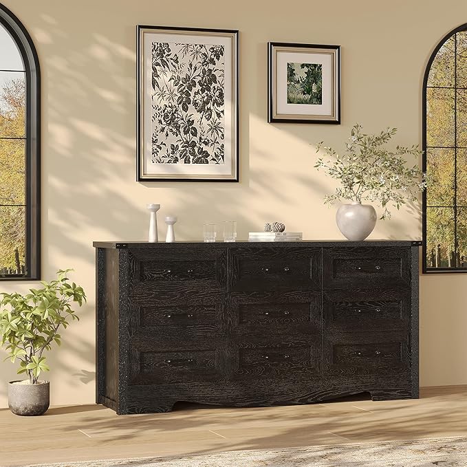 Bedroom Organisation GarveeHome 9 Drawer Dresser, 59" Wide Farmhouse Wooden Tall Chest of Drawers