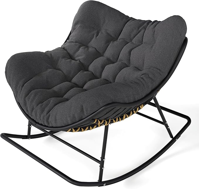 Bedroom Furniture SWITTE SWITTE Outdoor Papasan Rocking Chair, Indoor Egg Lounge Chair with Thick Cushion, Oversized Wicker Recliner Supports 450 lbs, Comfy Rocker for Patio, Balco